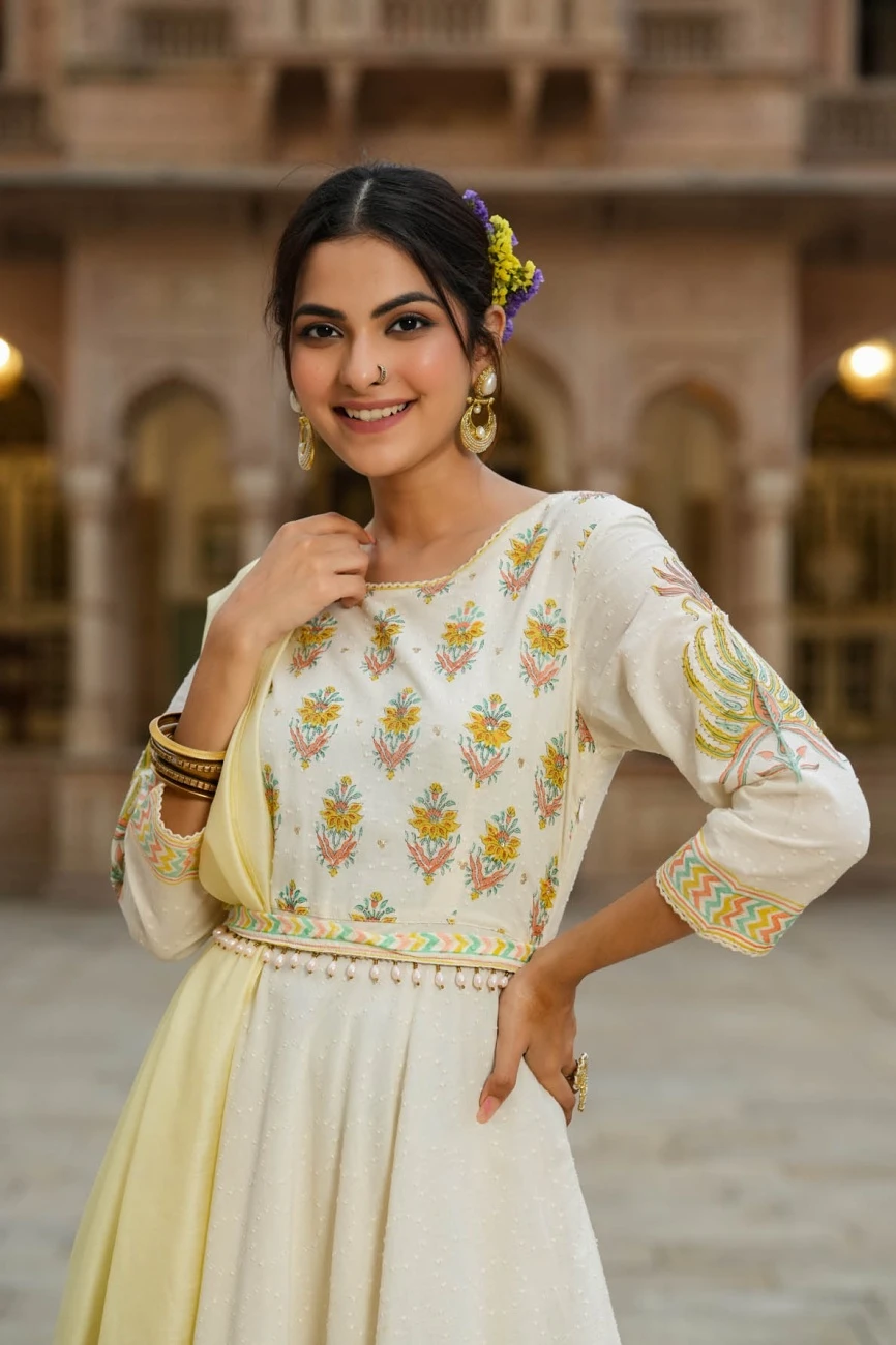 Yellow Cotton Dobby Floral Print Flared Anarkali Dress With Cotton Printed Dupatta And Belt 9 Yellow Cotton Dobby Floral Print Flared Anarkali Dress With Cotton Printed Dupatta And Belt - Image 7