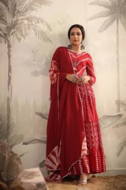 Red Mul Cotton Tribal Print Tiered Ethnic Dress With Mul Shibori Print Dupatta -ZAZU Clothing Shop 1467red3