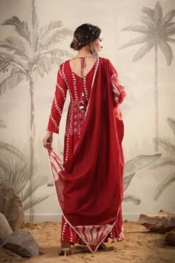 Red Mul Cotton Tribal Print Tiered Ethnic Dress With Mul Shibori Print Dupatta -ZAZU Clothing Shop 1467red4