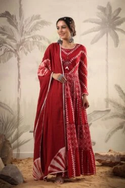 Red Mul Cotton Tribal Print Tiered Ethnic Dress With Mul Shibori Print Dupatta -ZAZU Clothing Shop 1467red5