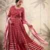 Red Mul Cotton Tribal Print Anarkali Ethnic Dress With Mul Shibori Print Dupatta And Belt -ZAZU Clothing Shop 1468red1