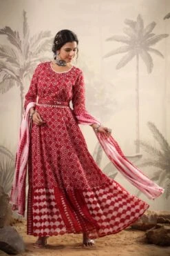 Red Mul Cotton Tribal Print Anarkali Ethnic Dress With Mul Shibori Print Dupatta And Belt