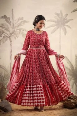 Red Mul Cotton Tribal Print Anarkali Ethnic Dress With Mul Shibori Print Dupatta And Belt -ZAZU Clothing Shop 1468red3