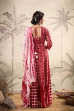 Red Mul Cotton Tribal Print Anarkali Ethnic Dress With Mul Shibori Print Dupatta And Belt -ZAZU Clothing Shop 1468red4