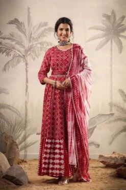 Red Mul Cotton Tribal Print Anarkali Ethnic Dress With Mul Shibori Print Dupatta And Belt -ZAZU Clothing Shop 1468red5