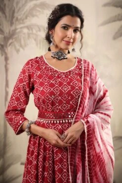 Red Mul Cotton Tribal Print Anarkali Ethnic Dress With Mul Shibori Print Dupatta And Belt -ZAZU Clothing Shop 1468redb