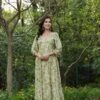 Green Muslin Silk Floral Print Pleated Anarkali Dress With Lining -ZAZU Clothing Shop 1504green1