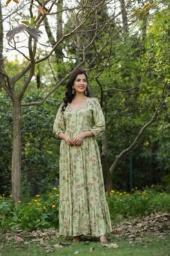 Green Muslin Silk Floral Print Pleated Anarkali Dress With Lining