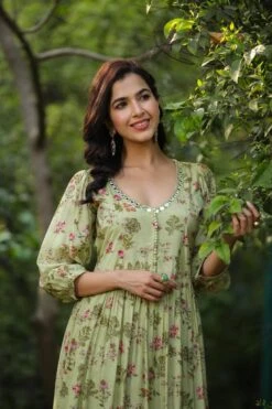 Green Muslin Silk Floral Print Pleated Anarkali Dress With Lining -ZAZU Clothing Shop 1504green3
