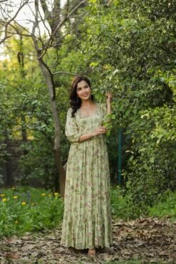 Green Muslin Silk Floral Print Pleated Anarkali Dress With Lining -ZAZU Clothing Shop 1504green5