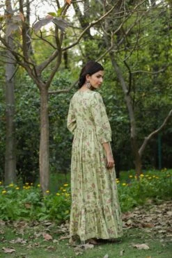 Green Muslin Silk Floral Print Pleated Anarkali Dress With Lining -ZAZU Clothing Shop 1504green6