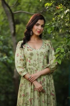 Green Muslin Silk Floral Print Pleated Anarkali Dress With Lining -ZAZU Clothing Shop 1504greenb
