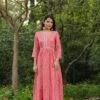 Pink Muslin Silk Floral Print Pleated Anarkali Dress With Belt And Lining -ZAZU Clothing Shop 1505pink1