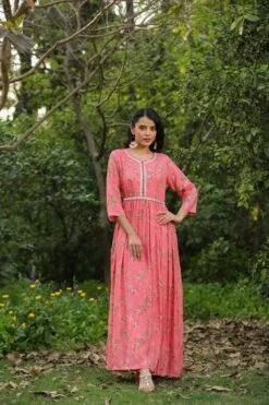 Pink Muslin Silk Floral Print Pleated Anarkali Dress With Belt And Lining -ZAZU Clothing Shop 1505pink2