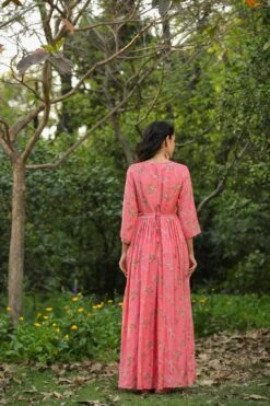 Pink Muslin Silk Floral Print Pleated Anarkali Dress With Belt And Lining -ZAZU Clothing Shop 1505pink3