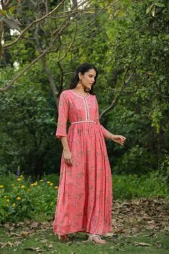 Pink Muslin Silk Floral Print Pleated Anarkali Dress With Belt And Lining -ZAZU Clothing Shop 1505pink4