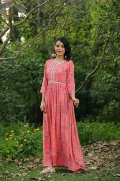 Pink Muslin Silk Floral Print Pleated Anarkali Dress With Belt And Lining -ZAZU Clothing Shop 1505pink5