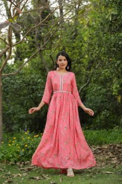 Pink Muslin Silk Floral Print Pleated Anarkali Dress With Belt And Lining -ZAZU Clothing Shop 1505pink6