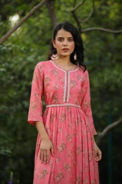 Pink Muslin Silk Floral Print Pleated Anarkali Dress With Belt And Lining -ZAZU Clothing Shop 1505pinkb