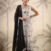 White Pure Chinon Silk Digital Floral Print Pleated Anarkali Dress With Chiffon Dupatta And Belt -ZAZU Clothing Shop 1523white1