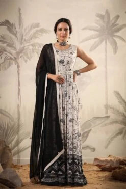 White Pure Chinon Silk Digital Floral Print Pleated Anarkali Dress With Chiffon Dupatta And Belt