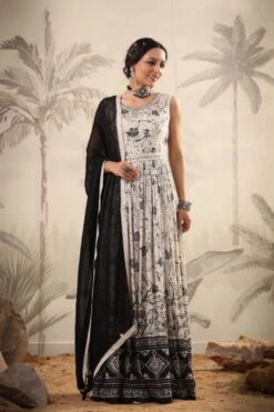 White Pure Chinon Silk Digital Floral Print Pleated Anarkali Dress With Chiffon Dupatta And Belt -ZAZU Clothing Shop 1523white3
