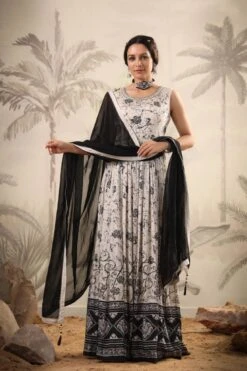 White Pure Chinon Silk Digital Floral Print Pleated Anarkali Dress With Chiffon Dupatta And Belt -ZAZU Clothing Shop 1523white4