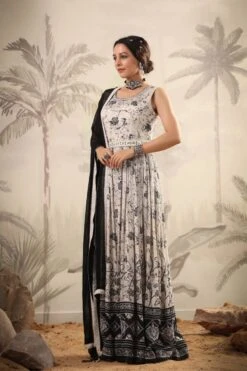 White Pure Chinon Silk Digital Floral Print Pleated Anarkali Dress With Chiffon Dupatta And Belt -ZAZU Clothing Shop 1523white5