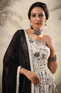 White Pure Chinon Silk Digital Floral Print Pleated Anarkali Dress With Chiffon Dupatta And Belt -ZAZU Clothing Shop 1523whiteb