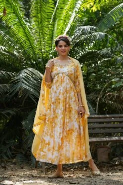 Yellow Mul Cotton Floral Print Gathered Ethnic Dress With Cotton Gota Work Dupatta