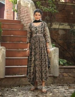 Black Mul Cotton Floral Print Gathered Ethnic Dress With Cotton Gota Work Dupatta