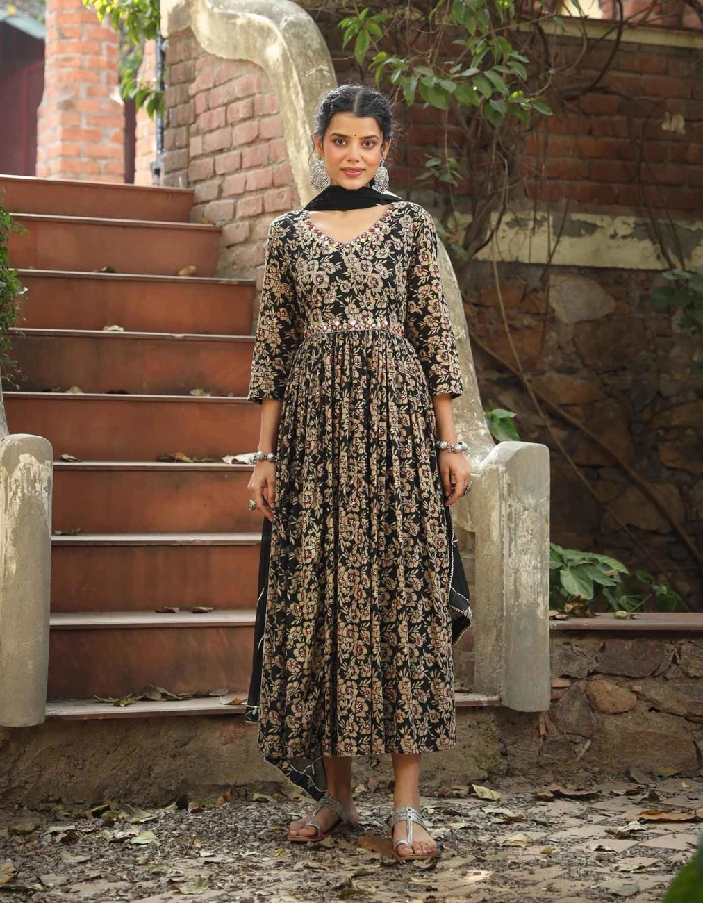 Black Mul Cotton Floral Print Gathered Ethnic Dress With Cotton Gota Work Dupatta 3 Black Mul Cotton Floral Print Gathered Ethnic Dress With Cotton Gota Work Dupatta