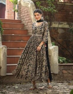 Black Mul Cotton Floral Print Gathered Ethnic Dress With Cotton Gota Work Dupatta 11 Black Mul Cotton Floral Print Gathered Ethnic Dress With Cotton Gota Work Dupatta -ZAZU Clothing Shop 1565black3