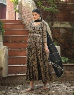 Black Mul Cotton Floral Print Gathered Ethnic Dress With Cotton Gota Work Dupatta 13 Black Mul Cotton Floral Print Gathered Ethnic Dress With Cotton Gota Work Dupatta -ZAZU Clothing Shop 1565black5