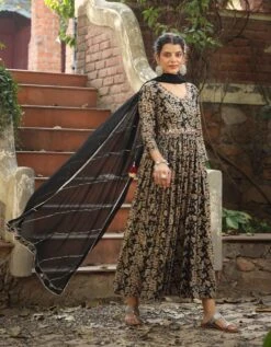 Black Mul Cotton Floral Print Gathered Ethnic Dress With Cotton Gota Work Dupatta 14 Black Mul Cotton Floral Print Gathered Ethnic Dress With Cotton Gota Work Dupatta -ZAZU Clothing Shop 1565black6