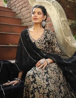 Black Mul Cotton Floral Print Gathered Ethnic Dress With Cotton Gota Work Dupatta 15 Black Mul Cotton Floral Print Gathered Ethnic Dress With Cotton Gota Work Dupatta -ZAZU Clothing Shop 1565blackb