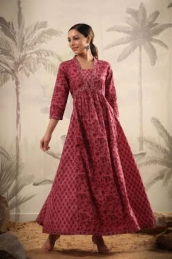 Mauve Cotton Printed Panelled Ethnic Dress