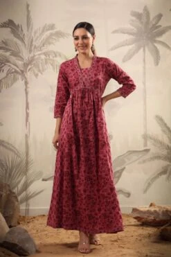 Mauve Cotton Printed Panelled Ethnic Dress -ZAZU Clothing Shop 1570mauve3