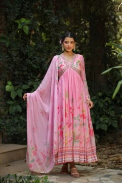 Pink Pure Silk Printed & Hand Embroidered Contemporary Ethnic Dress With Dupatta