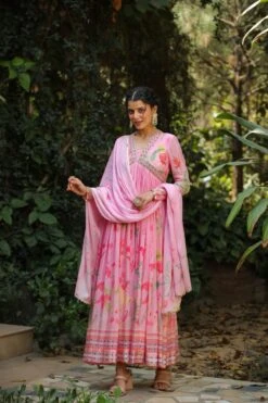 Pink Pure Silk Printed & Hand Embroidered Contemporary Ethnic Dress With Dupatta -ZAZU Clothing Shop 1614babypink3