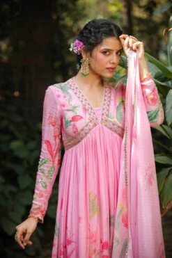 Pink Pure Silk Printed & Hand Embroidered Contemporary Ethnic Dress With Dupatta -ZAZU Clothing Shop 1614babypink4