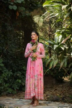 Pink Pure Silk Printed & Hand Embroidered Contemporary Ethnic Dress With Dupatta -ZAZU Clothing Shop 1614babypink5