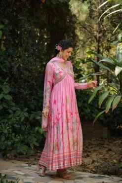 Pink Pure Silk Printed & Hand Embroidered Contemporary Ethnic Dress With Dupatta -ZAZU Clothing Shop 1614babypink6