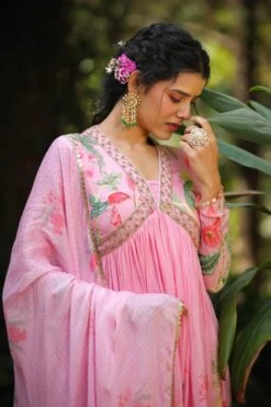 Pink Pure Silk Printed & Hand Embroidered Contemporary Ethnic Dress With Dupatta -ZAZU Clothing Shop 1614babypinkb 1