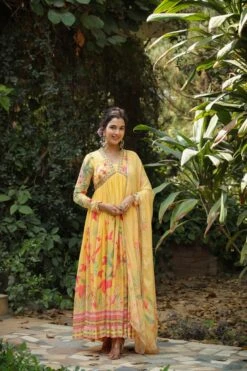 Yellow Pure Silk Printed & Hand Embroidered Contemporary Ethnic Dress With Dupatta