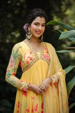 Yellow Pure Silk Printed & Hand Embroidered Contemporary Ethnic Dress With Dupatta 12 Yellow Pure Silk Printed & Hand Embroidered Contemporary Ethnic Dress With Dupatta -ZAZU Clothing Shop 1614yellow3