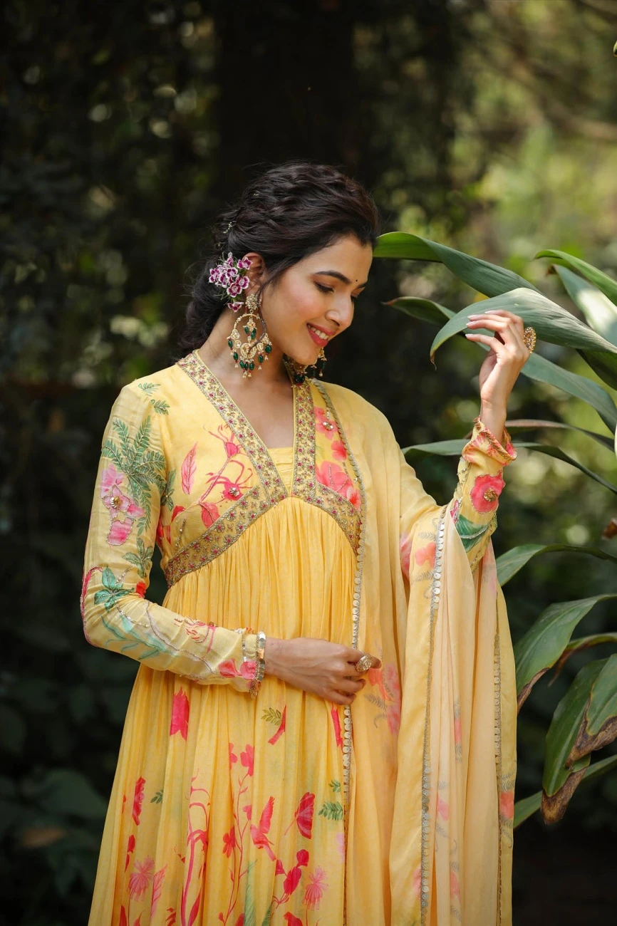 Yellow Pure Silk Printed & Hand Embroidered Contemporary Ethnic Dress With Dupatta 10 Yellow Pure Silk Printed & Hand Embroidered Contemporary Ethnic Dress With Dupatta - Image 8