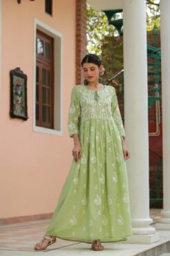 Green Mul Cotton Chikankari Embroidery Empire Ethnic Dress -ZAZU Clothing Shop 1615green2