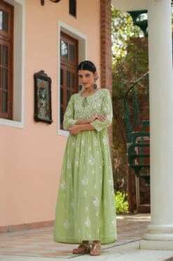 Green Mul Cotton Chikankari Embroidery Empire Ethnic Dress -ZAZU Clothing Shop 1615green3