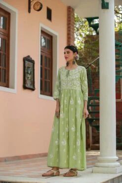 Green Mul Cotton Chikankari Embroidery Empire Ethnic Dress -ZAZU Clothing Shop 1615green4